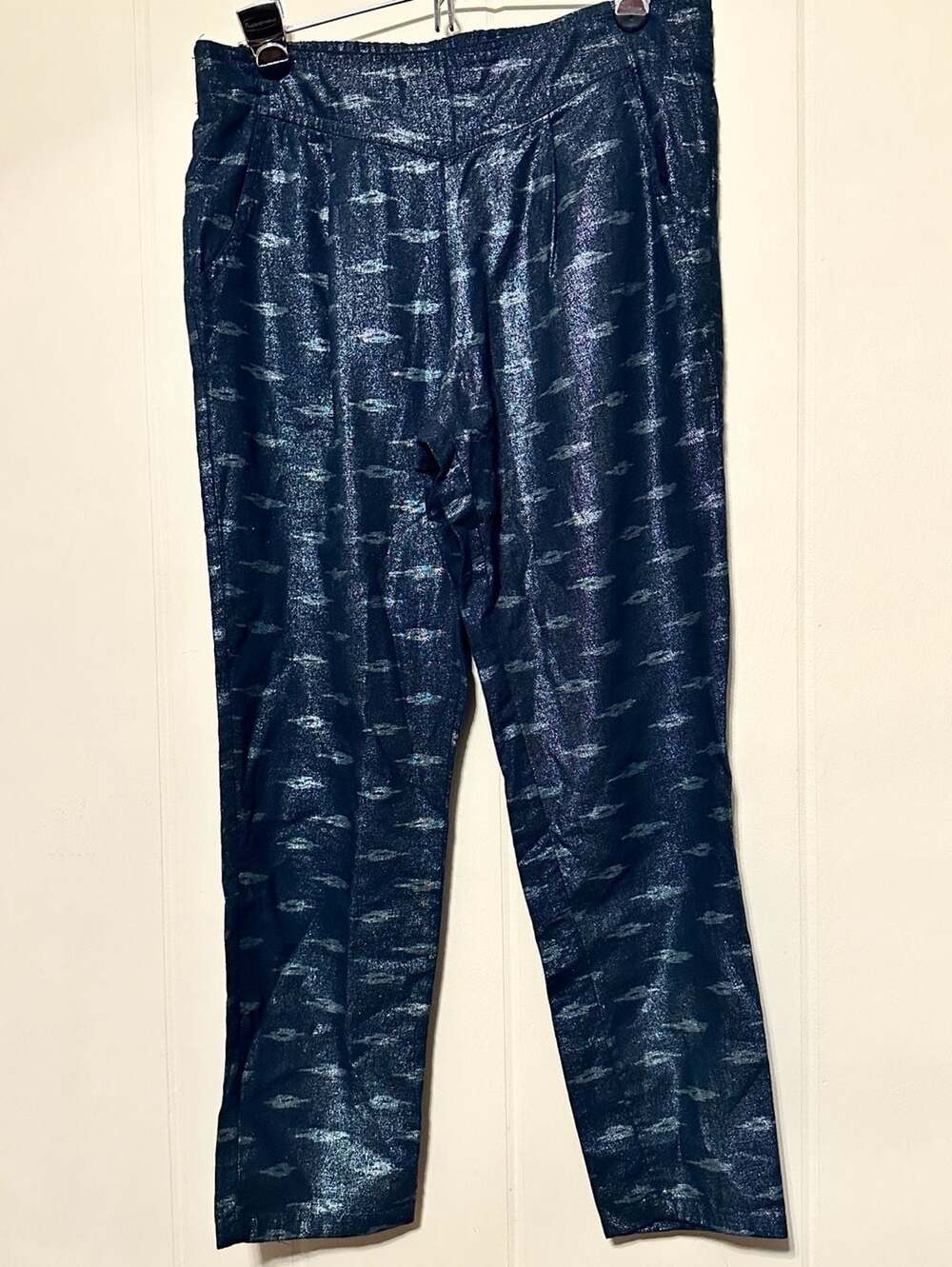 Free People Shimmer Pants Blue Metallic Foil Crop Pleated Pull-On Size M